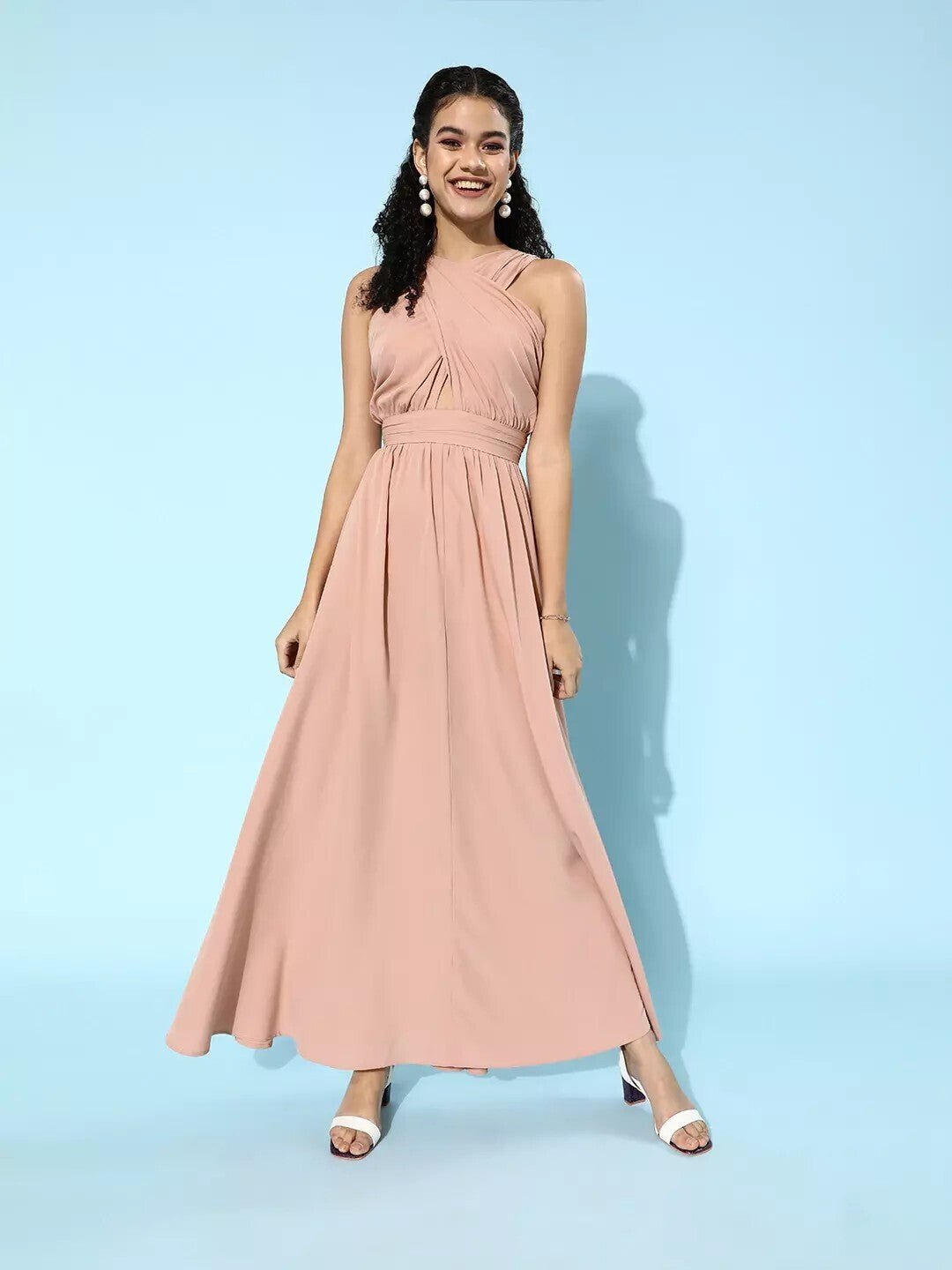 Folk Republic Women Solid Pink Sleeveless Halter Maxi Dress - #folk republic#