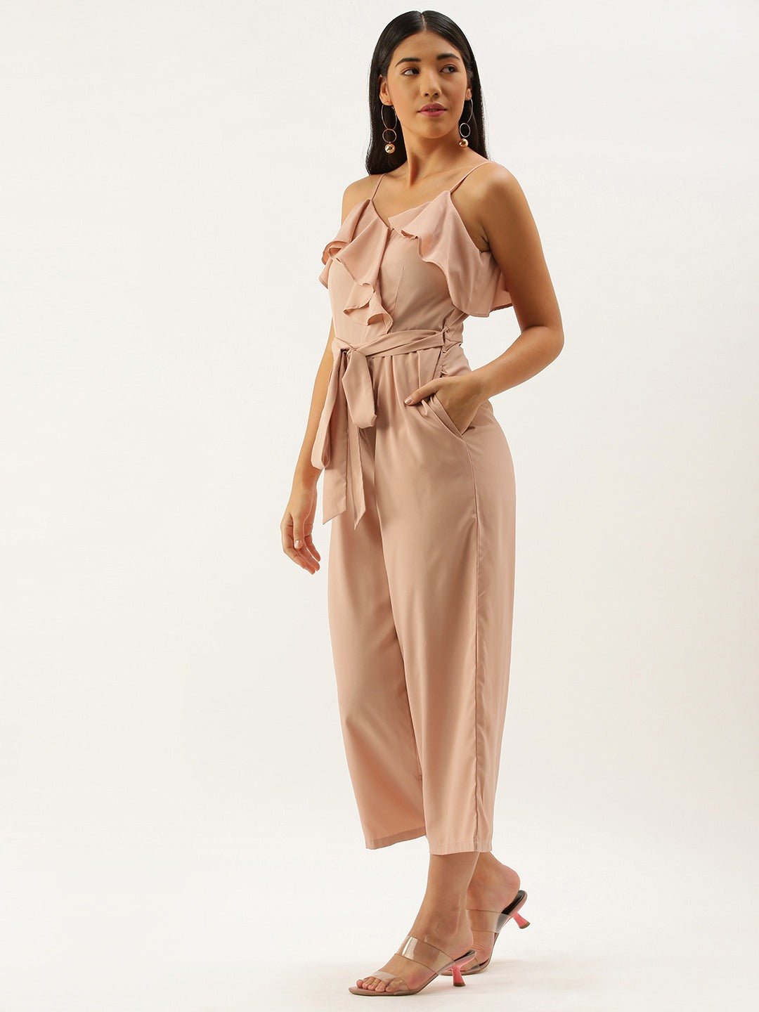 Folk Republic Women Solid Pink Sleeveless Ruffled Jumpsuit - #folk republic#