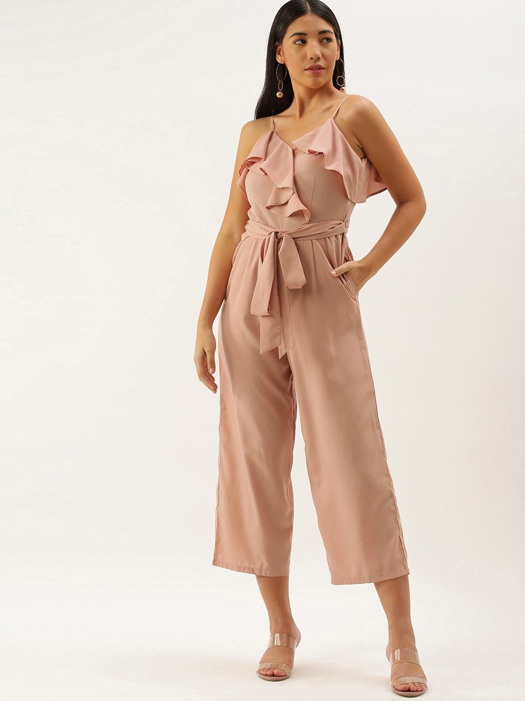 Folk Republic Women Solid Pink Sleeveless Ruffled Jumpsuit - #folk republic#