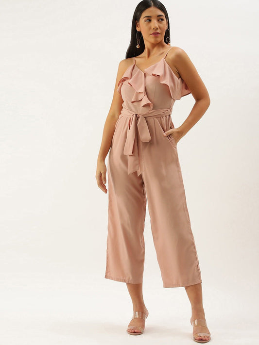 Folk Republic Women Solid Pink Sleeveless Ruffled Jumpsuit - #folk republic#