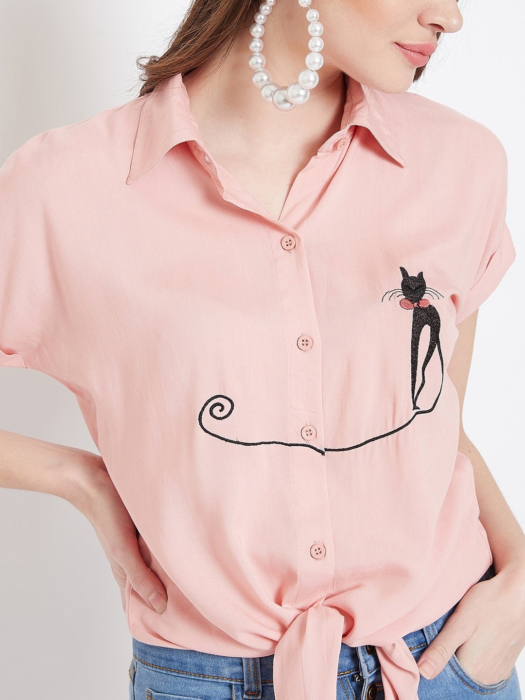 Folk Republic Women Solid Pink Spread Collar Embroidered Button-Up Curved Hem Shirt - #folk republic#