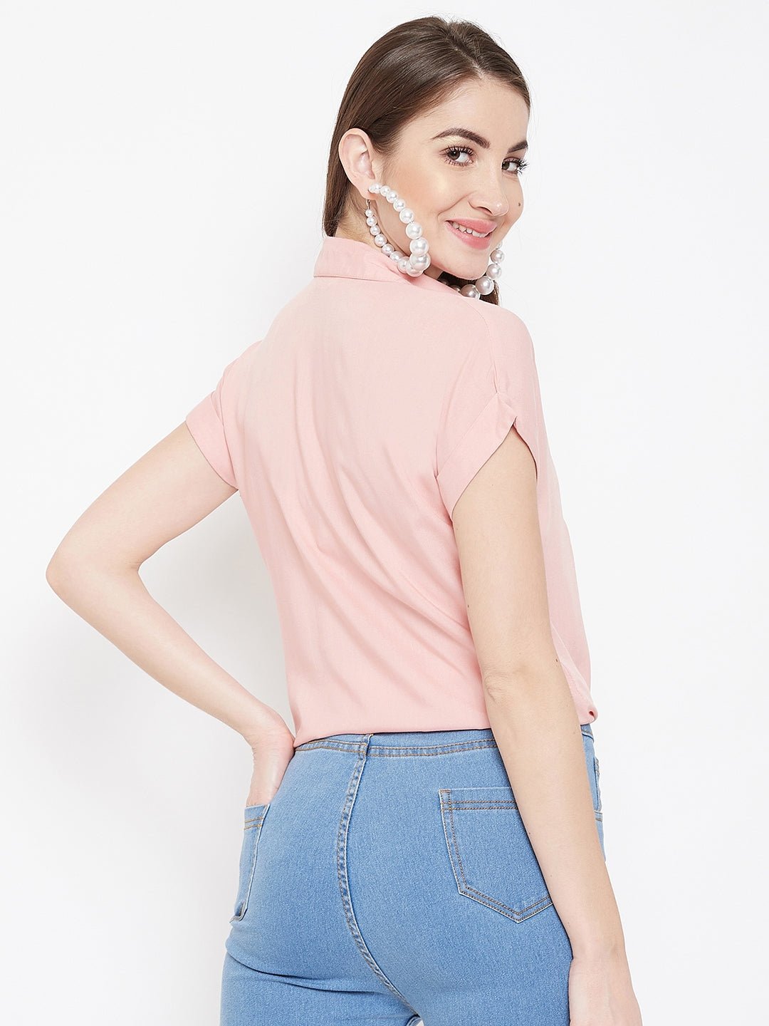 Folk Republic Women Solid Pink Spread Collar Embroidered Button-Up Curved Hem Shirt - #folk republic#