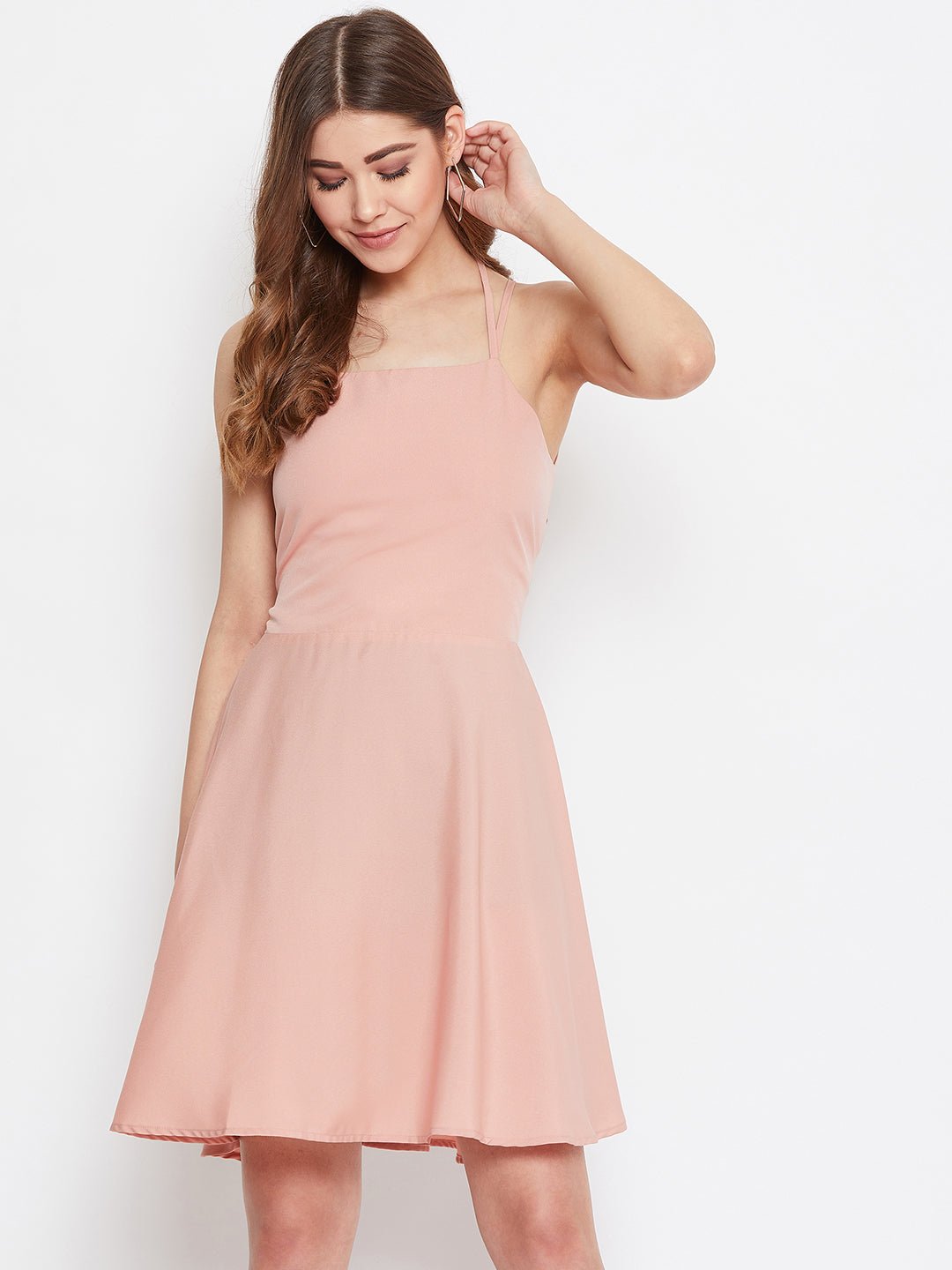 Folk Republic Women Solid Pink Square-Neck Caged Back Tie-Up Fit & Flare Mini Dress - #folk republic#