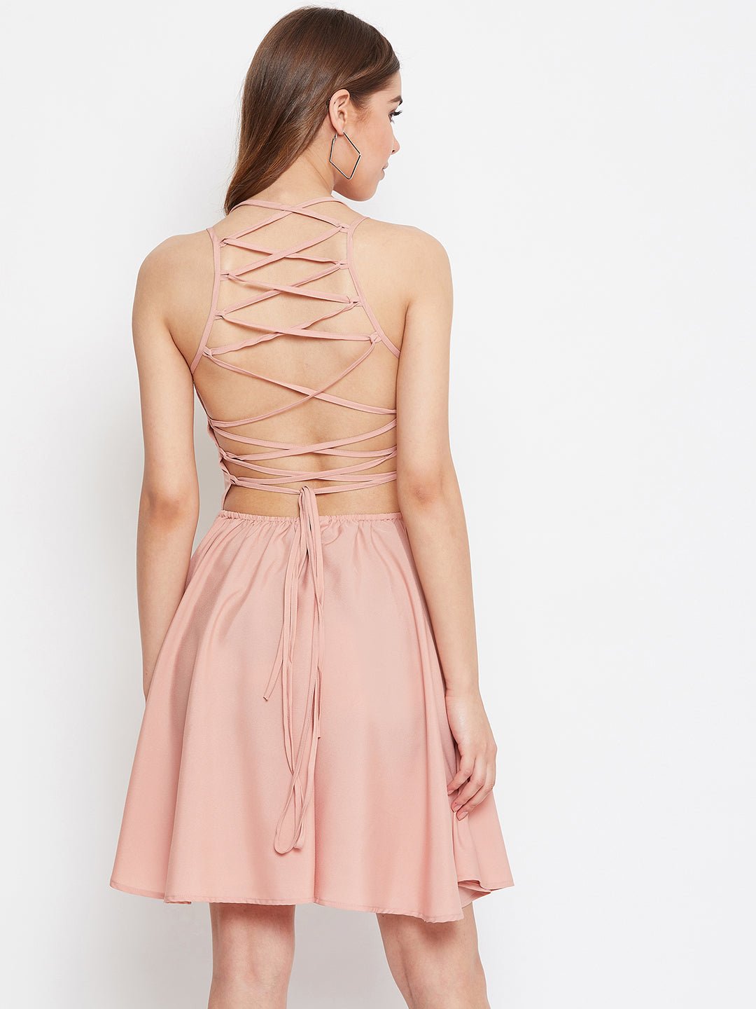 Folk Republic Women Solid Pink Square-Neck Caged Back Tie-Up Fit & Flare Mini Dress - #folk republic#