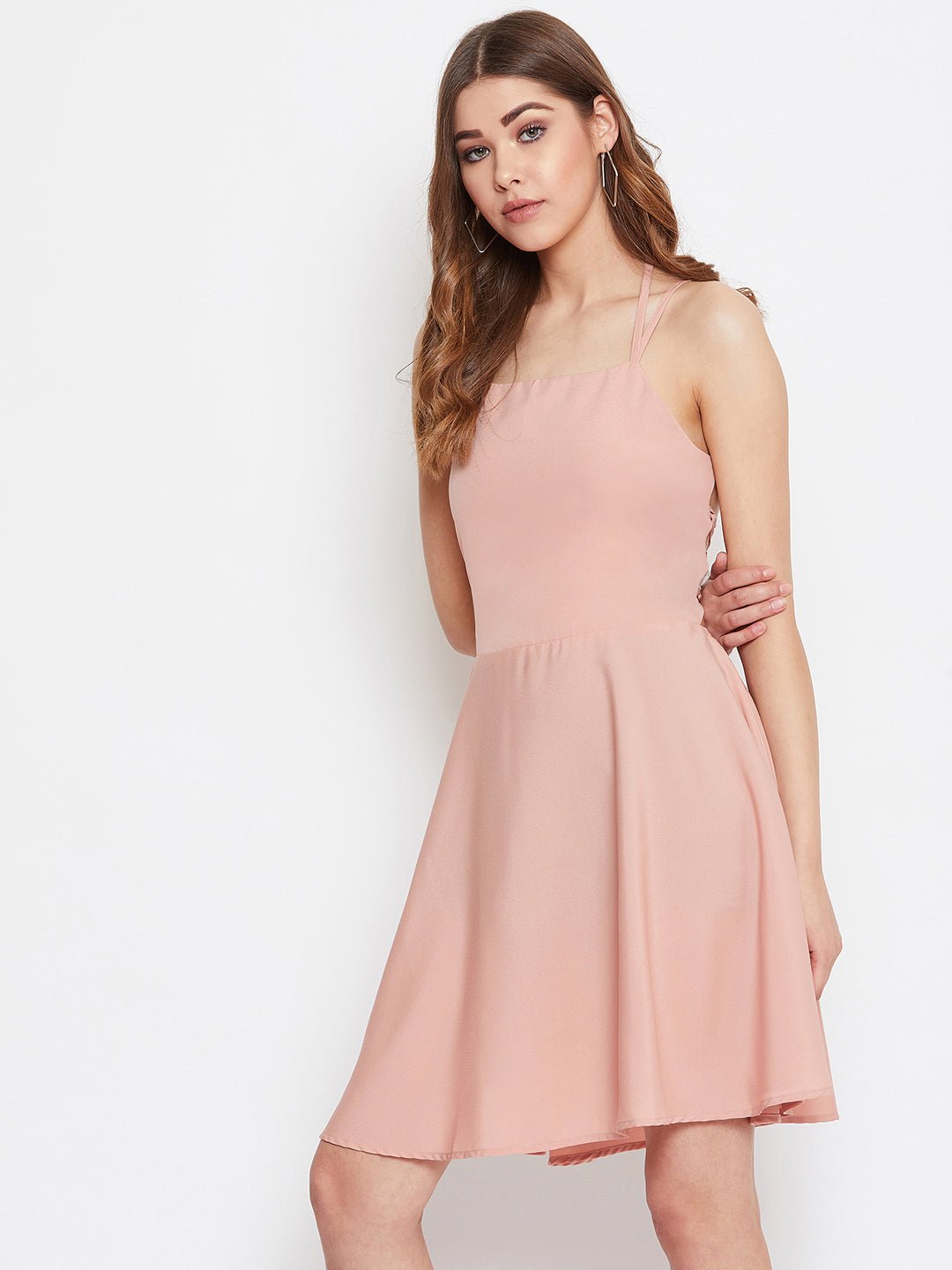 Folk Republic Women Solid Pink Square-Neck Caged Back Tie-Up Fit & Flare Mini Dress - #folk republic#