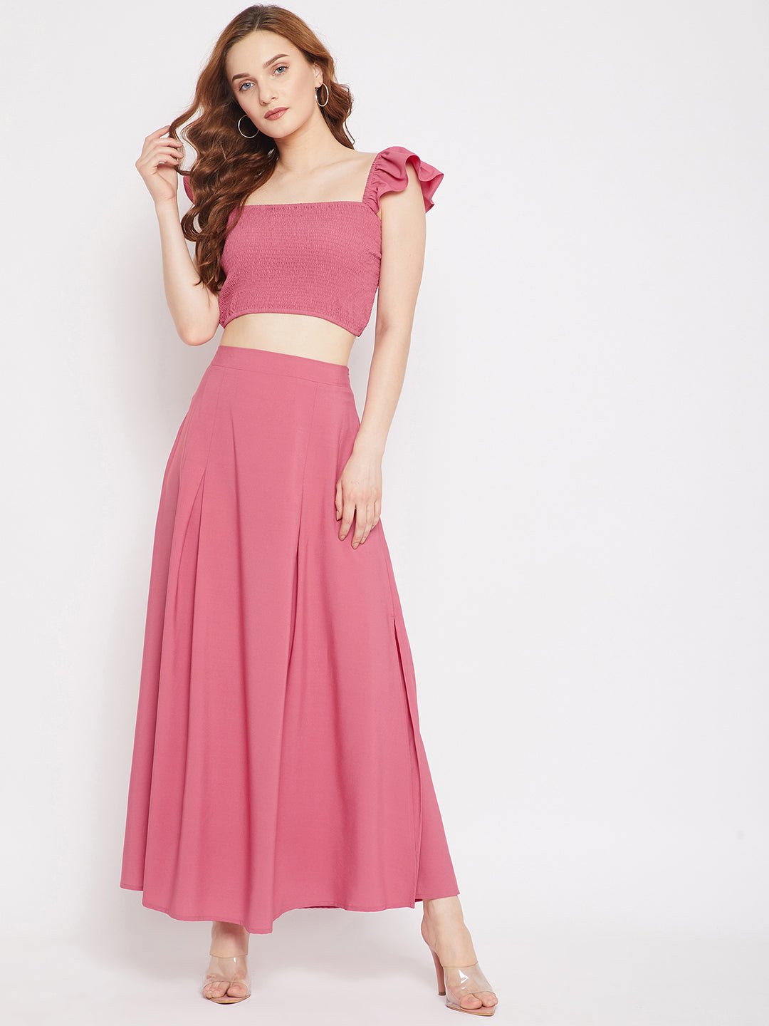 Folk Republic Women Solid Pink Square Neck Crepe Smocked Co-Ordinate Maxi Dress - #folk republic#