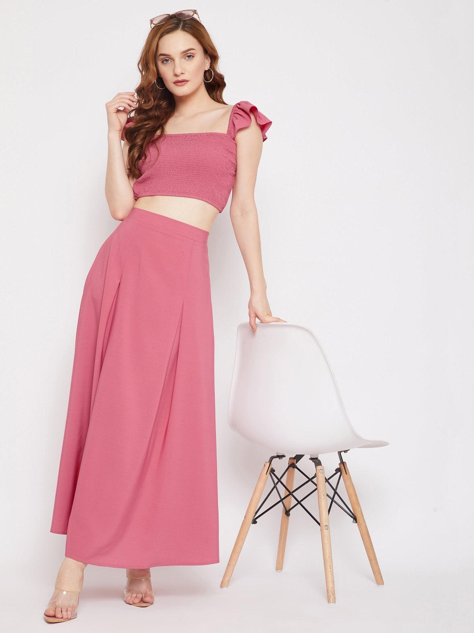 Folk Republic Women Solid Pink Square Neck Crepe Smocked Co-Ordinate Maxi Dress - #folk republic#