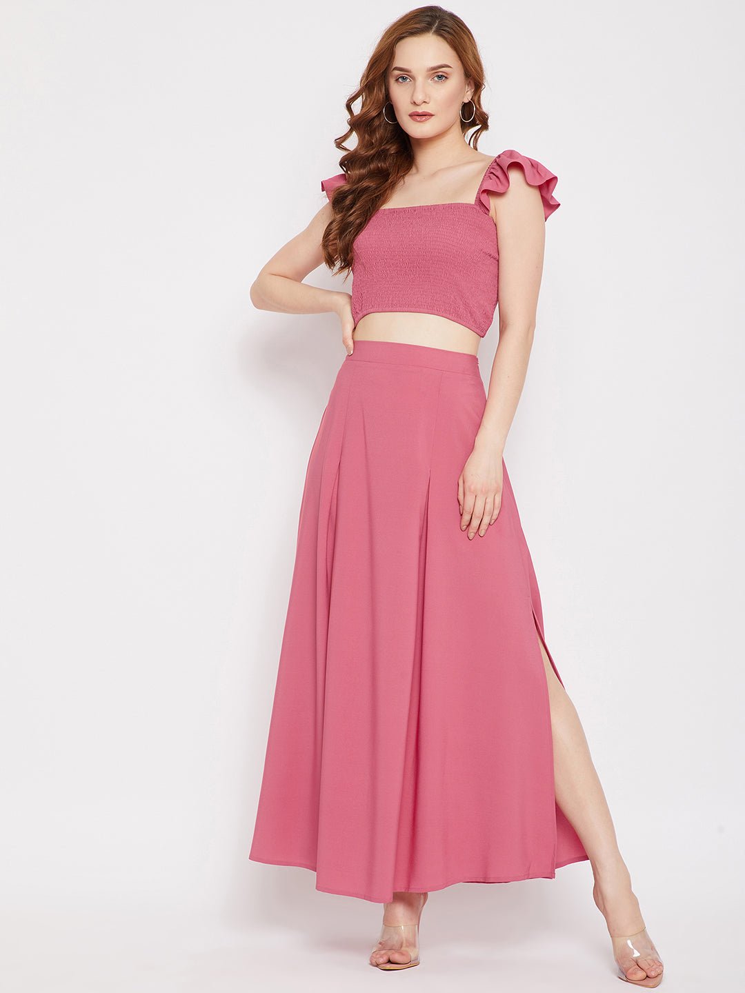 Folk Republic Women Solid Pink Square Neck Crepe Smocked Co-Ordinate Maxi Dress - #folk republic#