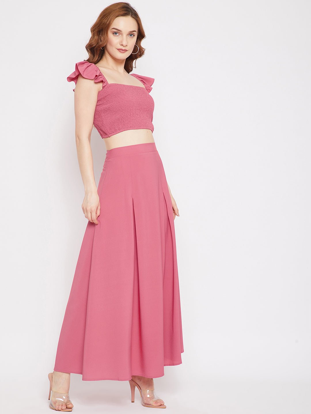 Folk Republic Women Solid Pink Square Neck Crepe Smocked Co-Ordinate Maxi Dress - #folk republic#