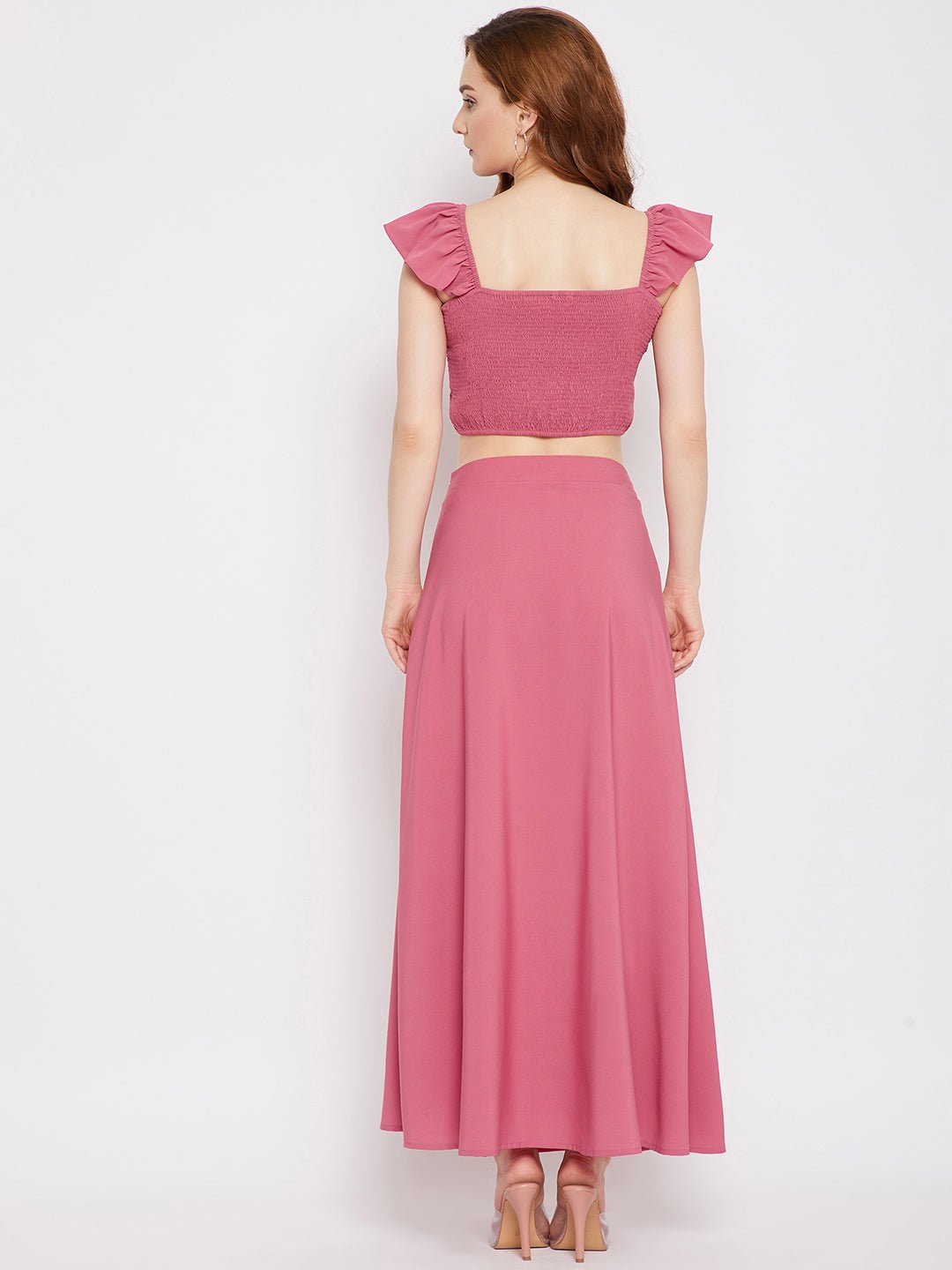 Folk Republic Women Solid Pink Square Neck Crepe Smocked Co-Ordinate Maxi Dress - #folk republic#
