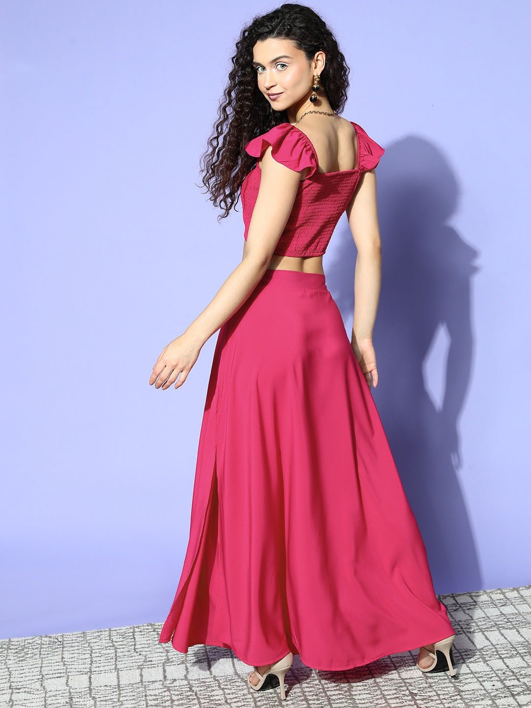 Folk Republic Women Solid Pink Square Neck Side-Slit Smocked Crop Top & Maxi Skirt Co-Ord Set - #folk republic#