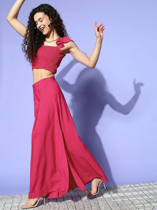 Folk Republic Women Solid Pink Square Neck Side-Slit Smocked Crop Top & Maxi Skirt Co-Ord Set - #folk republic#