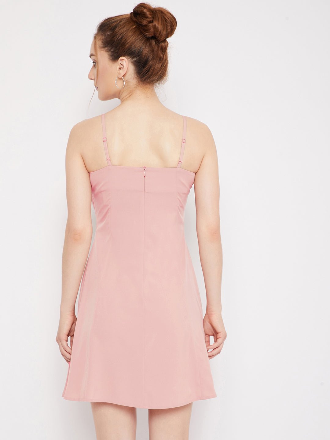 Folk Republic Women Solid Pink Square Neck Sleeveless Ruched Fit & Flare Mini Dress - #folk republic#