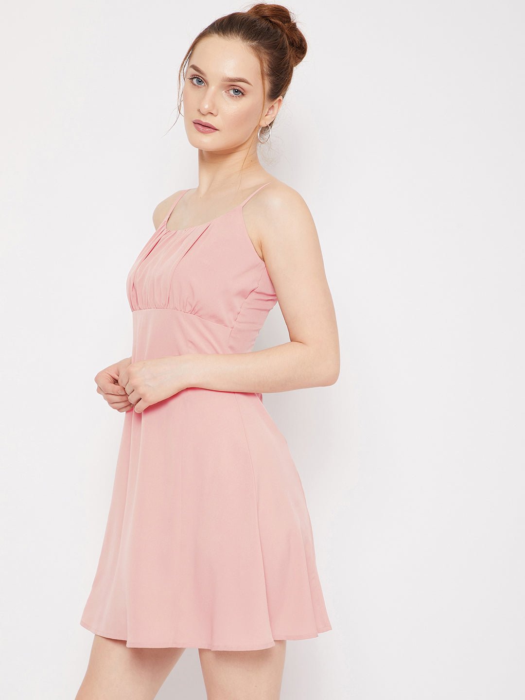 Folk Republic Women Solid Pink Square Neck Sleeveless Ruched Fit & Flare Mini Dress - #folk republic#