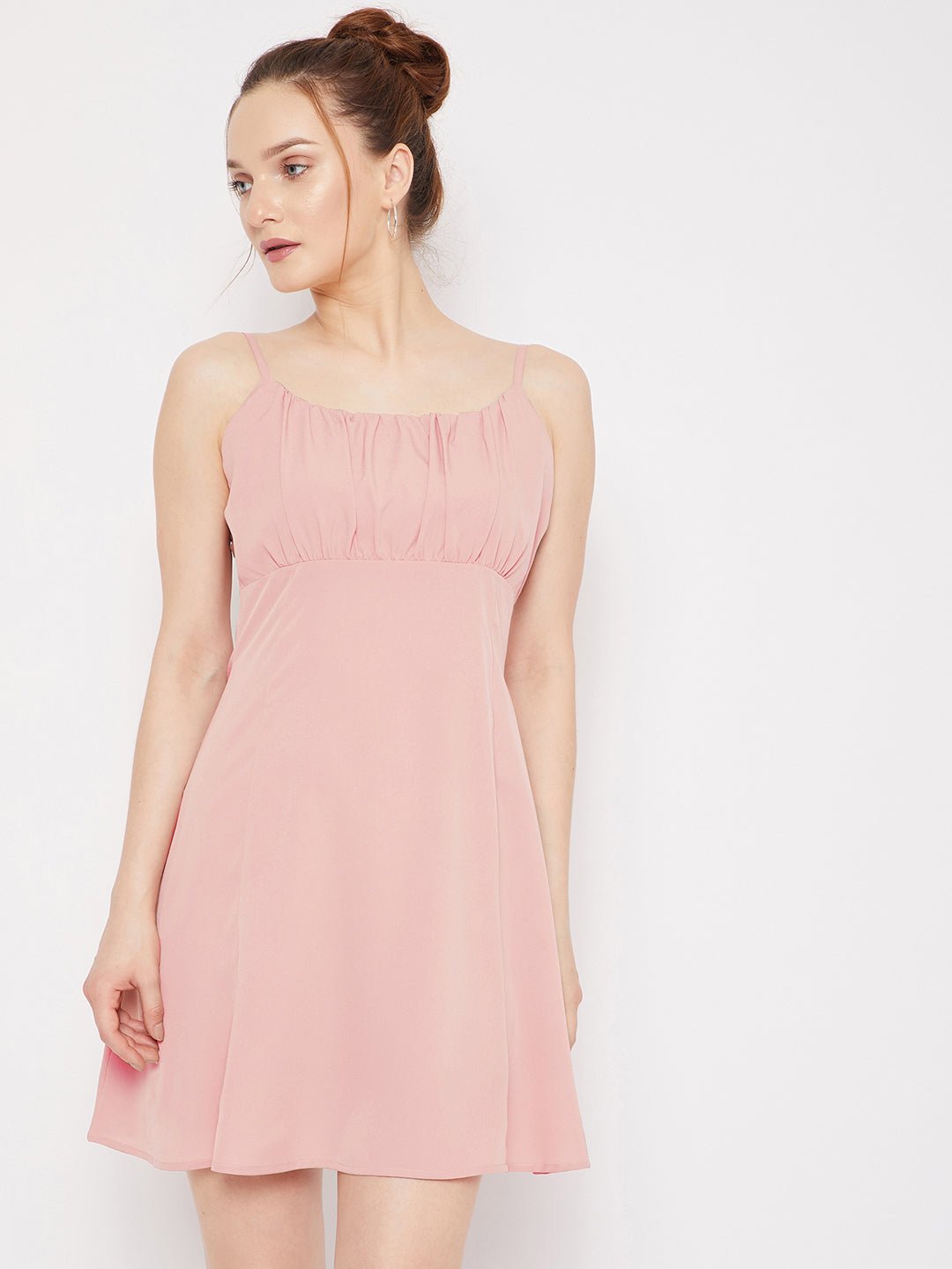 Folk Republic Women Solid Pink Square Neck Sleeveless Ruched Fit & Flare Mini Dress - #folk republic#