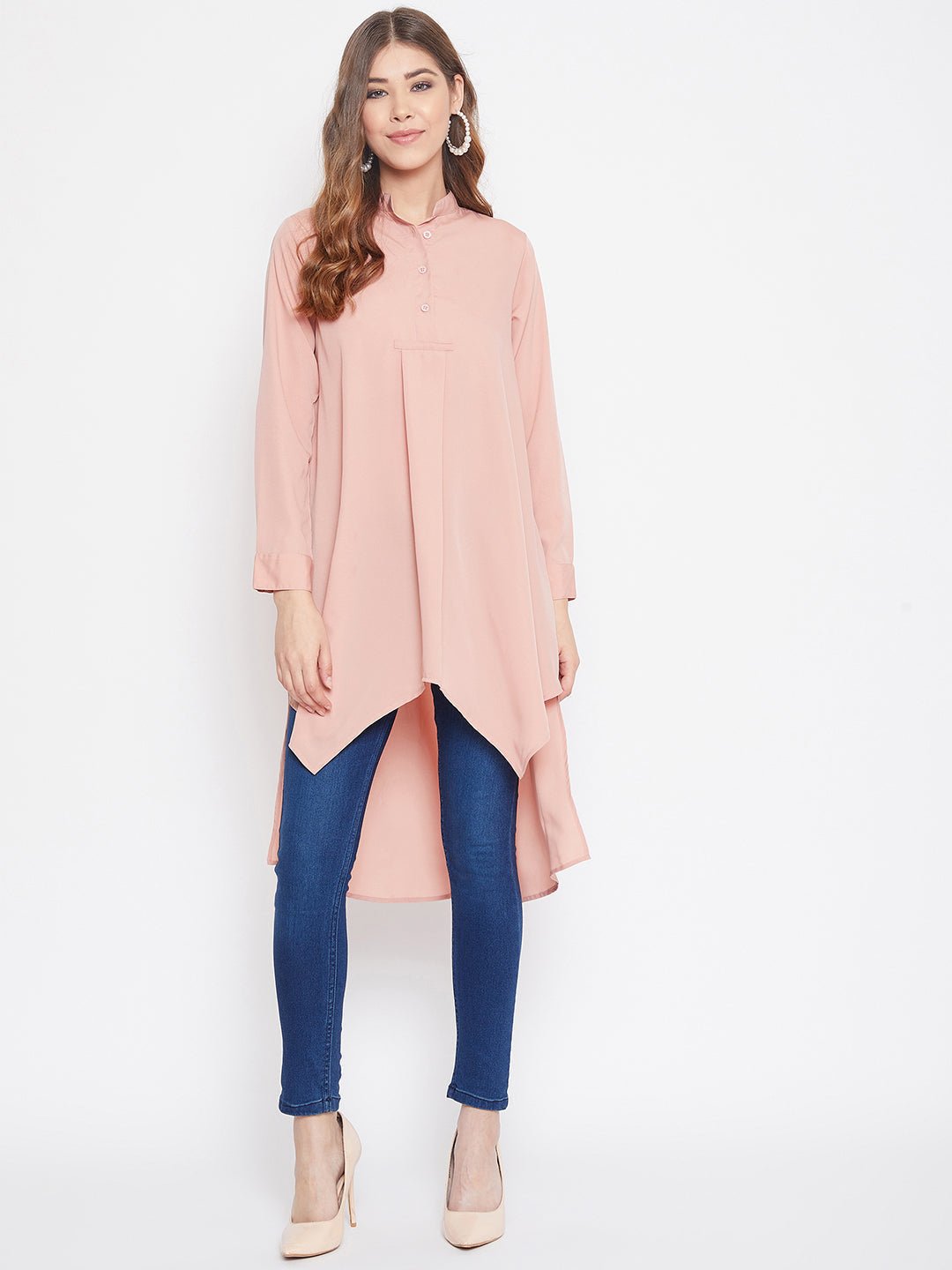 Folk Republic Women Solid Pink Stand Collar High Low Top - #folk republic#