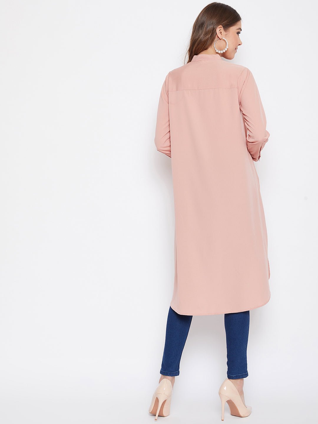 Folk Republic Women Solid Pink Stand Collar High Low Top - #folk republic#