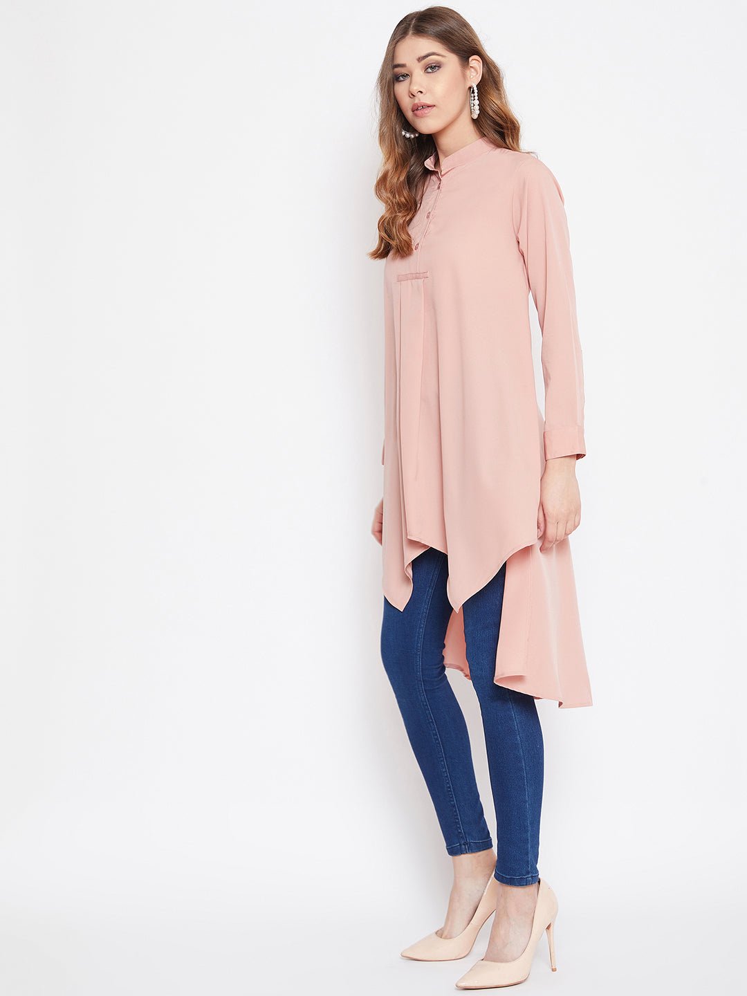 Folk Republic Women Solid Pink Stand Collar High Low Top - #folk republic#