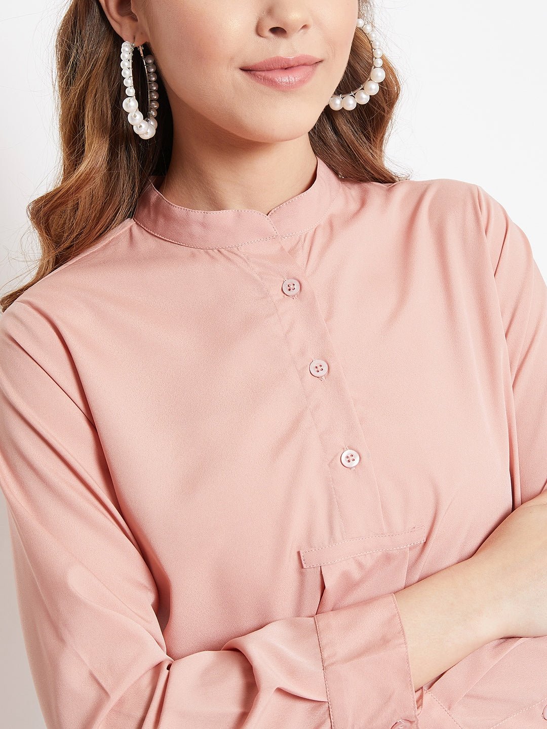 Folk Republic Women Solid Pink Stand Collar High Low Top - #folk republic#