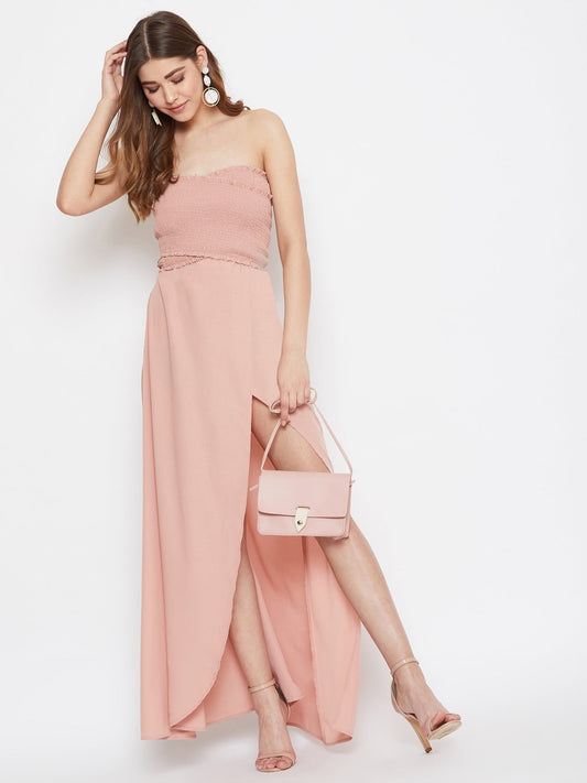 Folk Republic Women Solid Pink Strapless-Neck Smocked Fit & Flare Maxi Dress - #folk republic#