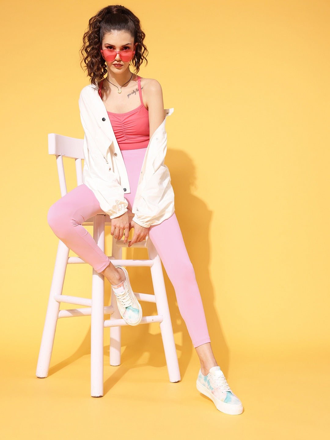 Folk Republic Women Solid Pink Super Stretchy & High Waisted Sports Tights - #folk republic#