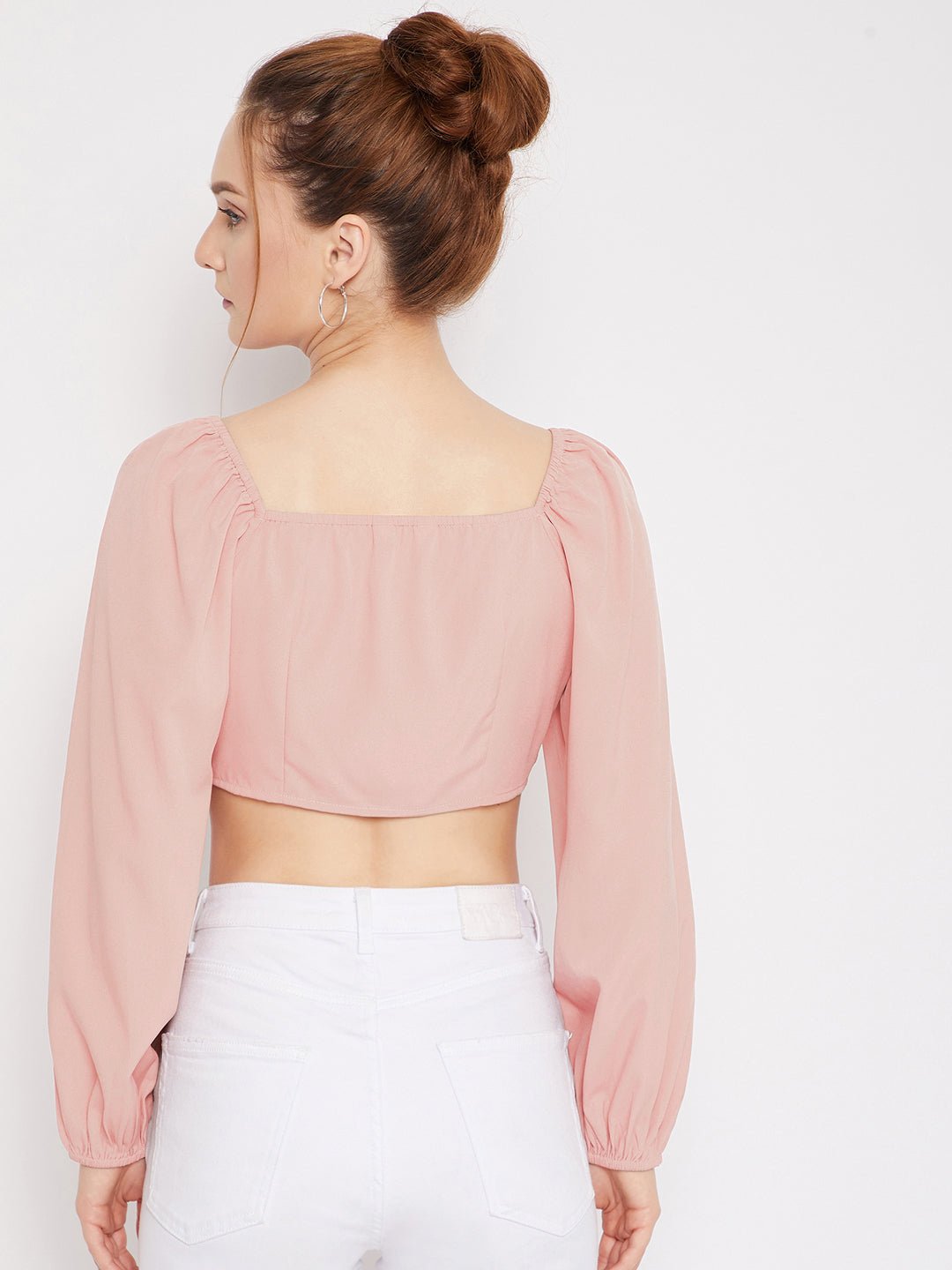 Folk Republic Women Solid Pink Sweetheart Neck Tie-Up Front Pleated Crop Top - #folk republic#