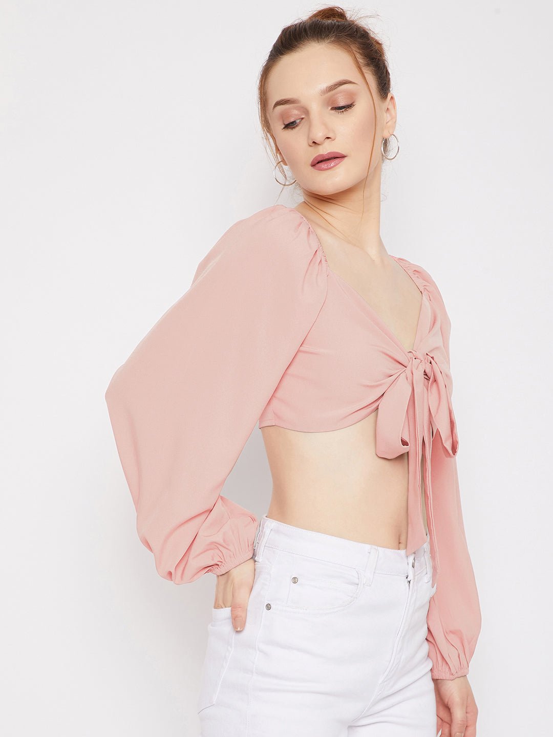 Folk Republic Women Solid Pink Sweetheart Neck Tie-Up Front Pleated Crop Top - #folk republic#