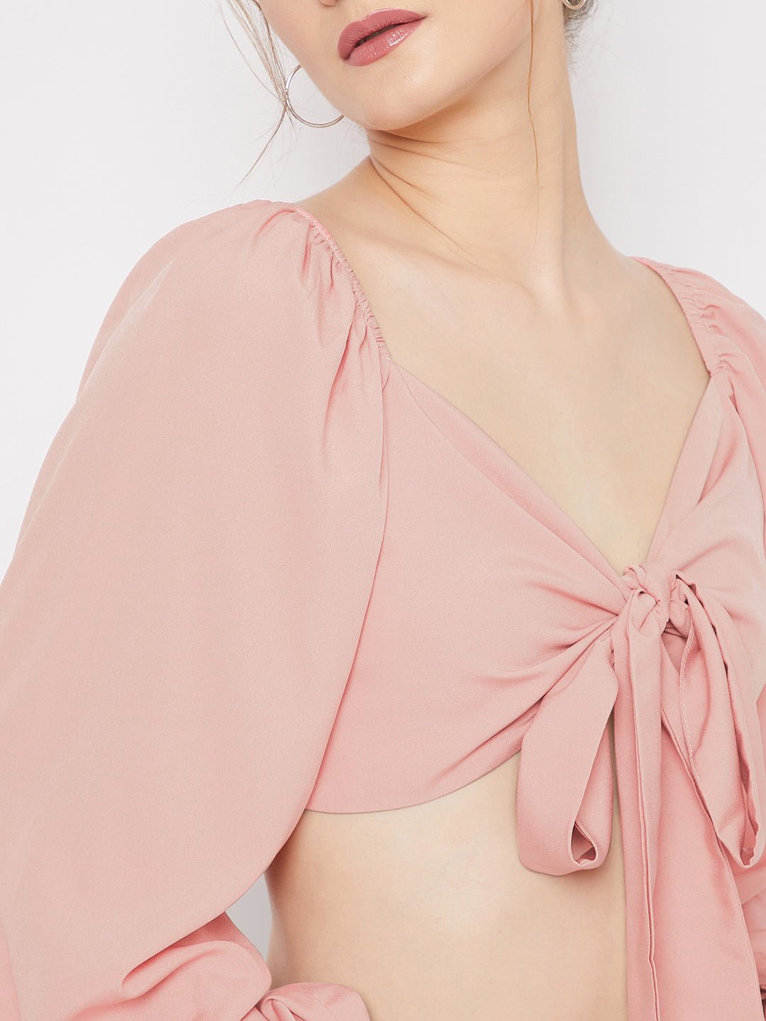 Folk Republic Women Solid Pink Sweetheart Neck Tie-Up Front Pleated Crop Top - #folk republic#