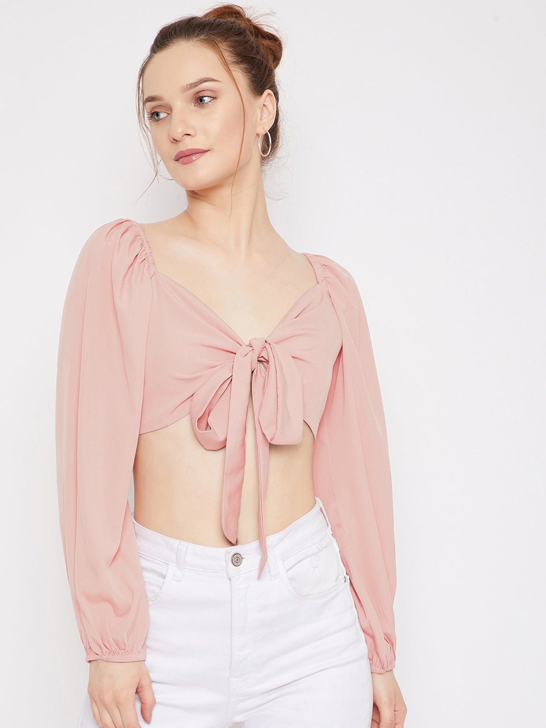 Folk Republic Women Solid Pink Sweetheart Neck Tie-Up Front Pleated Crop Top - #folk republic#