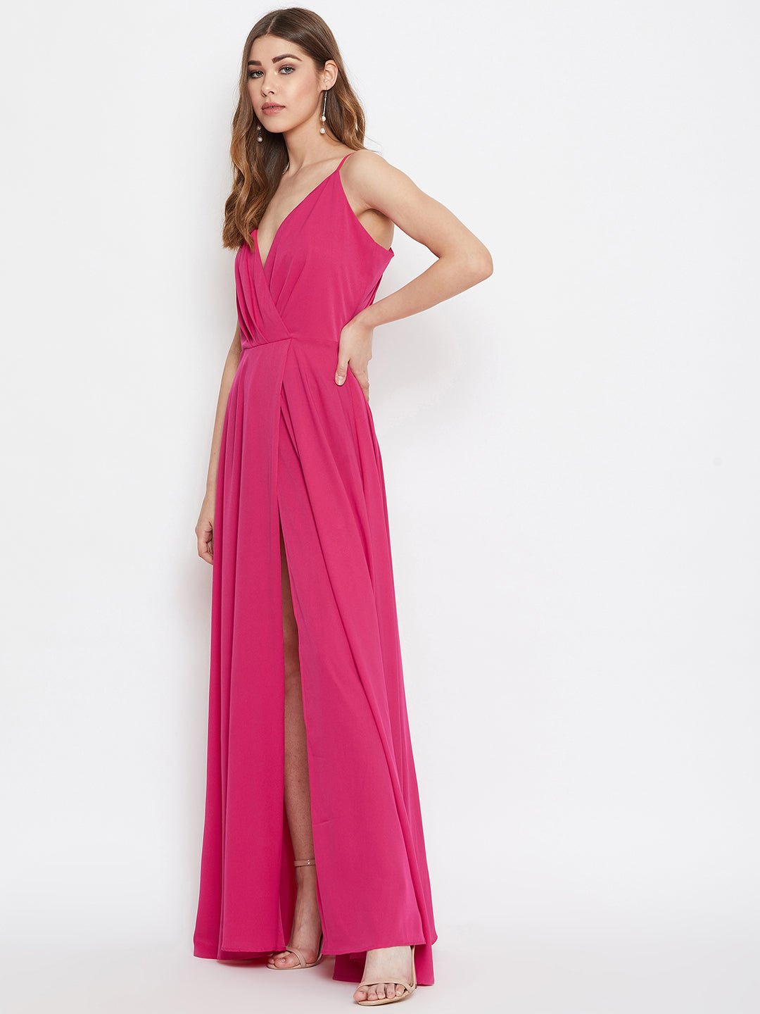 Folk Republic Women Solid Pink V-Neck Sleeveless Pleated Maxi Dress - #folk republic#