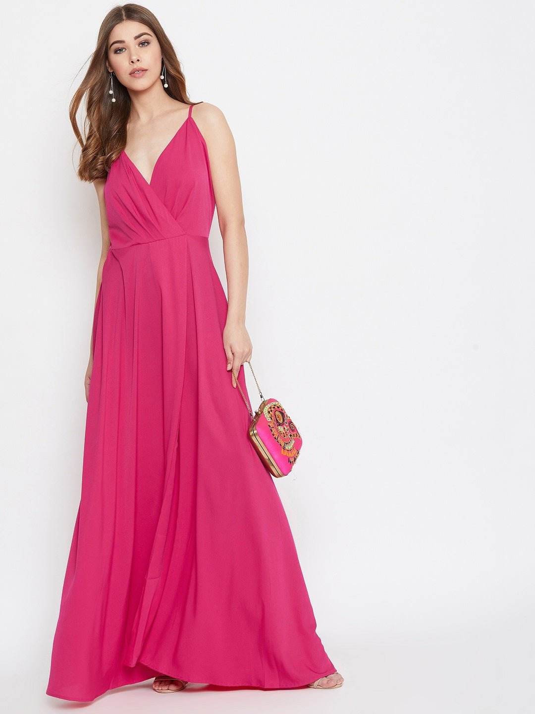 Folk Republic Women Solid Pink V-Neck Sleeveless Pleated Maxi Dress - #folk republic#