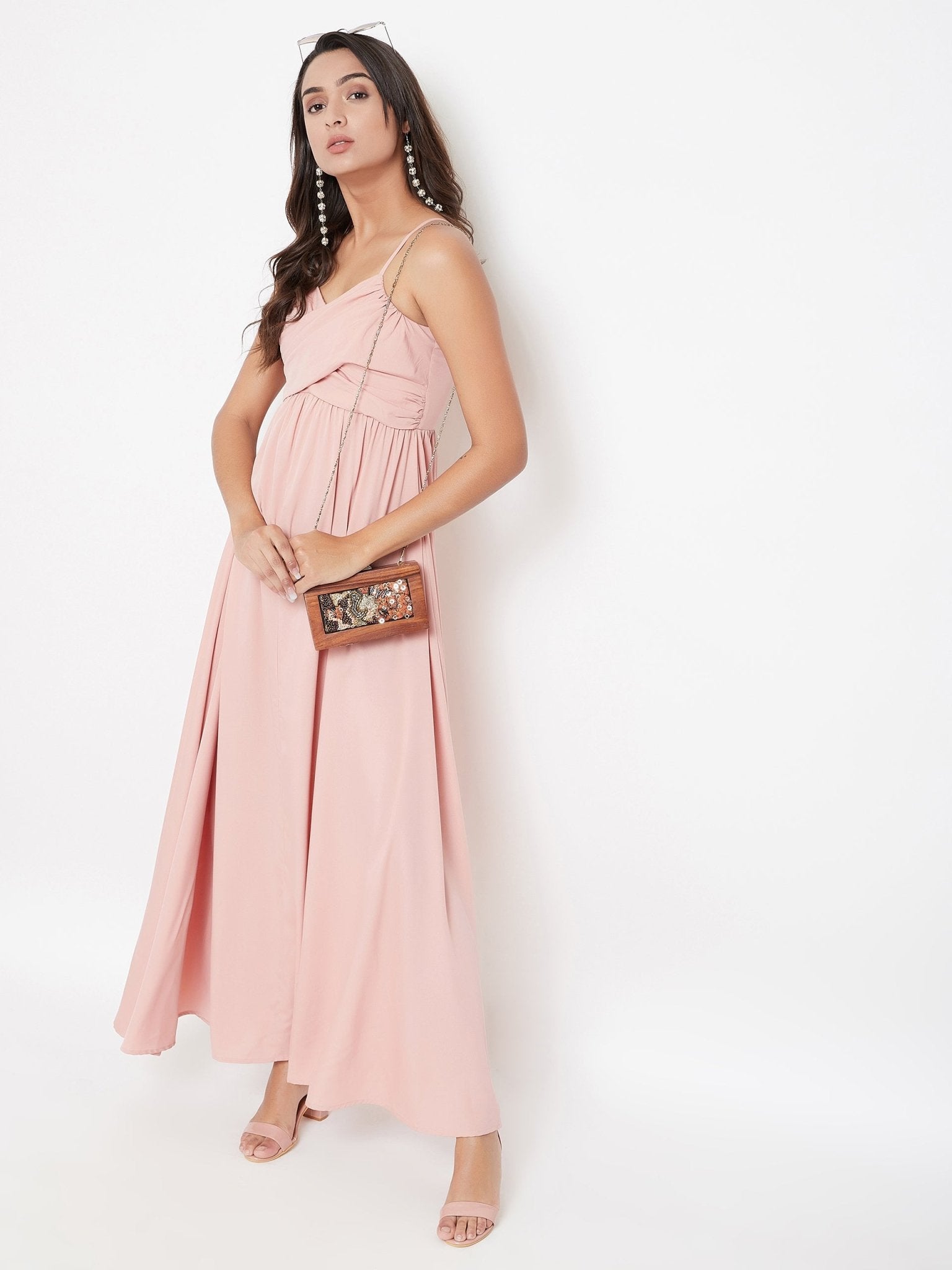 Folk Republic Women Solid Pink V-Neck Sleeveless Ruched Maxi Dress - #folk republic#