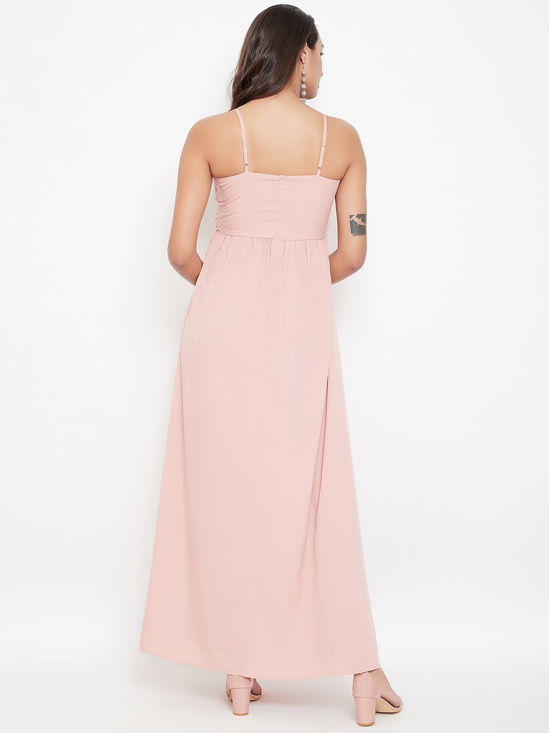 Folk Republic Women Solid Pink V-Neck Sleeveless Ruched Maxi Dress - #folk republic#