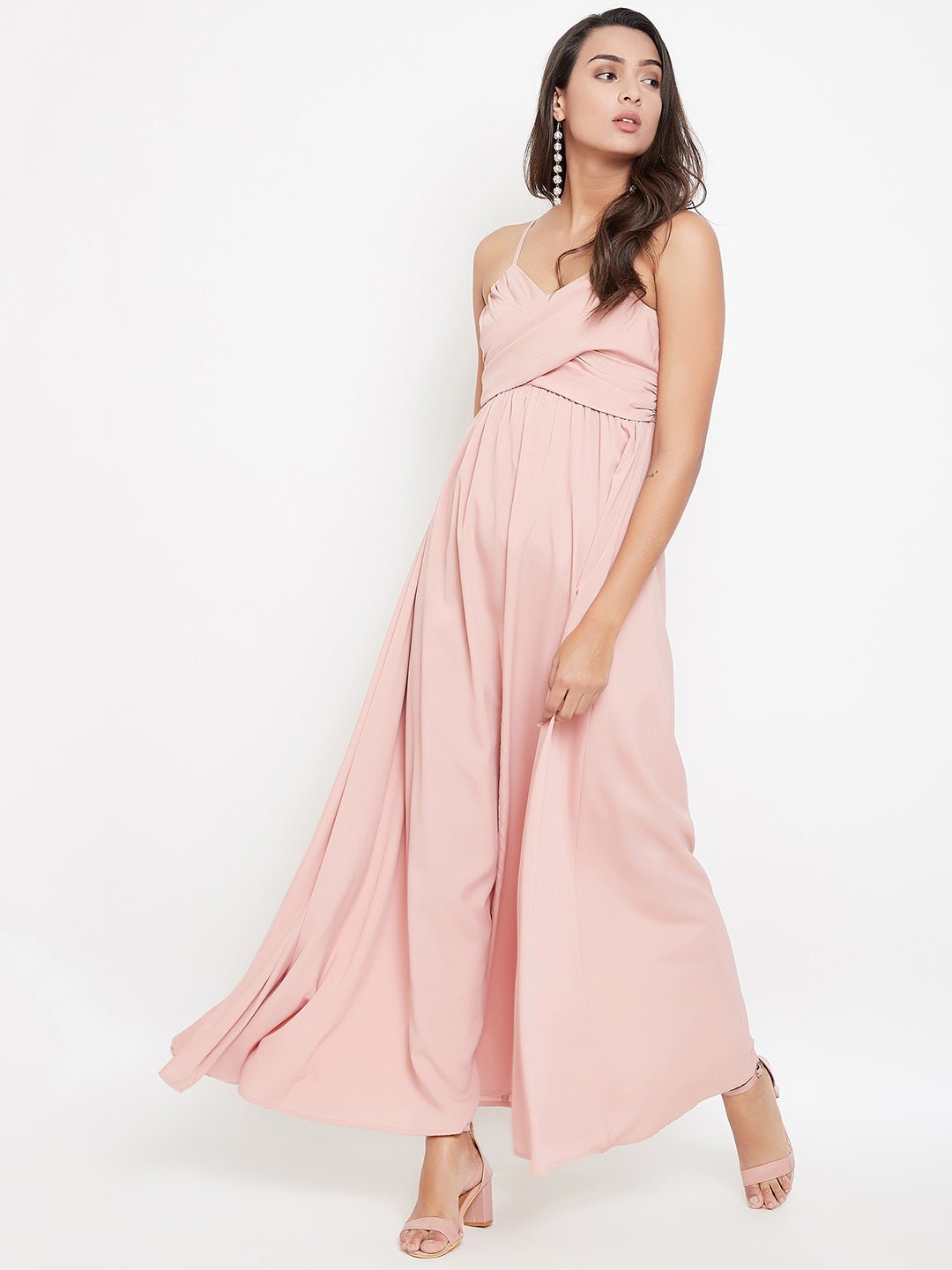 Folk Republic Women Solid Pink V-Neck Sleeveless Ruched Maxi Dress - #folk republic#