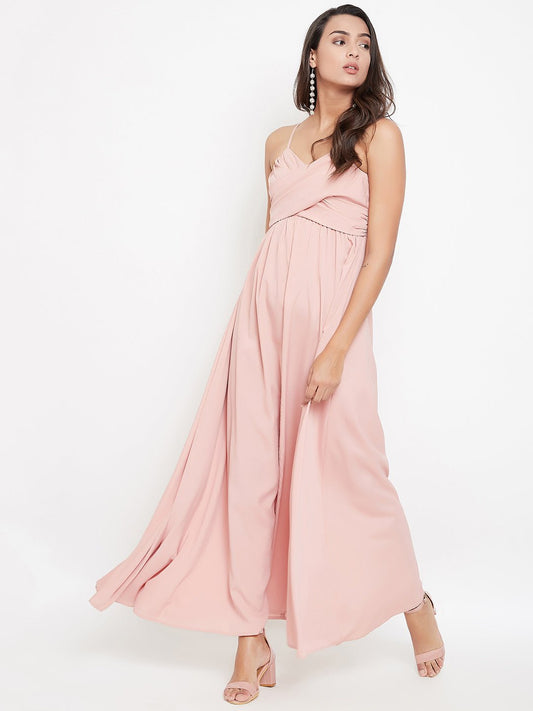 Folk Republic Women Solid Pink V-Neck Sleeveless Ruched Maxi Dress - #folk republic#