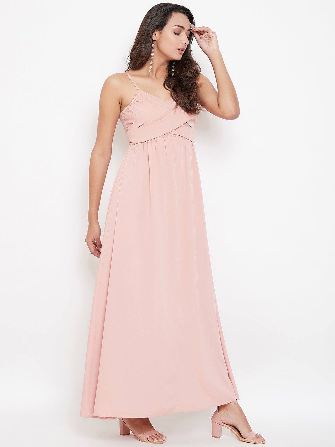 Folk Republic Women Solid Pink V-Neck Sleeveless Ruched Maxi Dress - #folk republic#