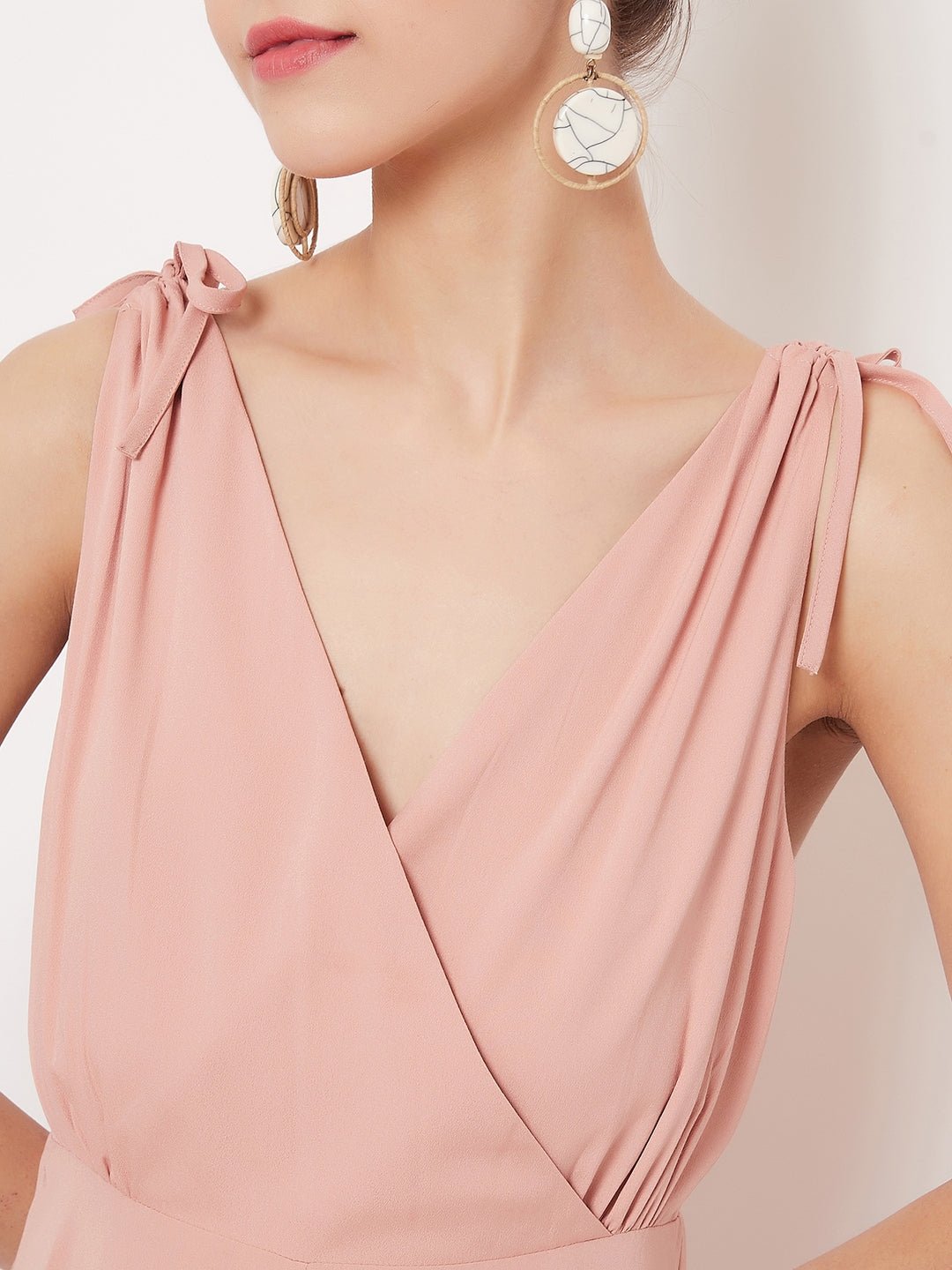 Folk Republic Women Solid Pink V-Neck Tie-Up Strap Low Back Flared Maxi Dress - #folk republic#