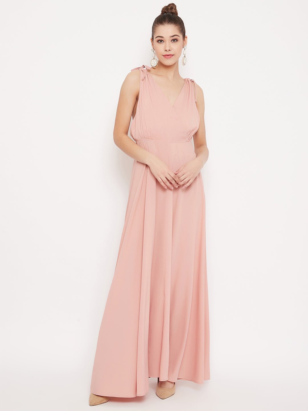 Folk Republic Women Solid Pink V-Neck Tie-Up Strap Low Back Flared Maxi Dress - #folk republic#