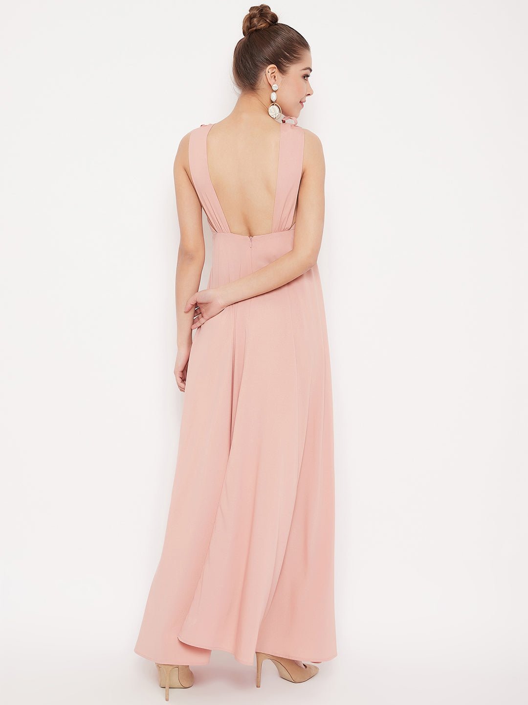 Folk Republic Women Solid Pink V-Neck Tie-Up Strap Low Back Flared Maxi Dress - #folk republic#