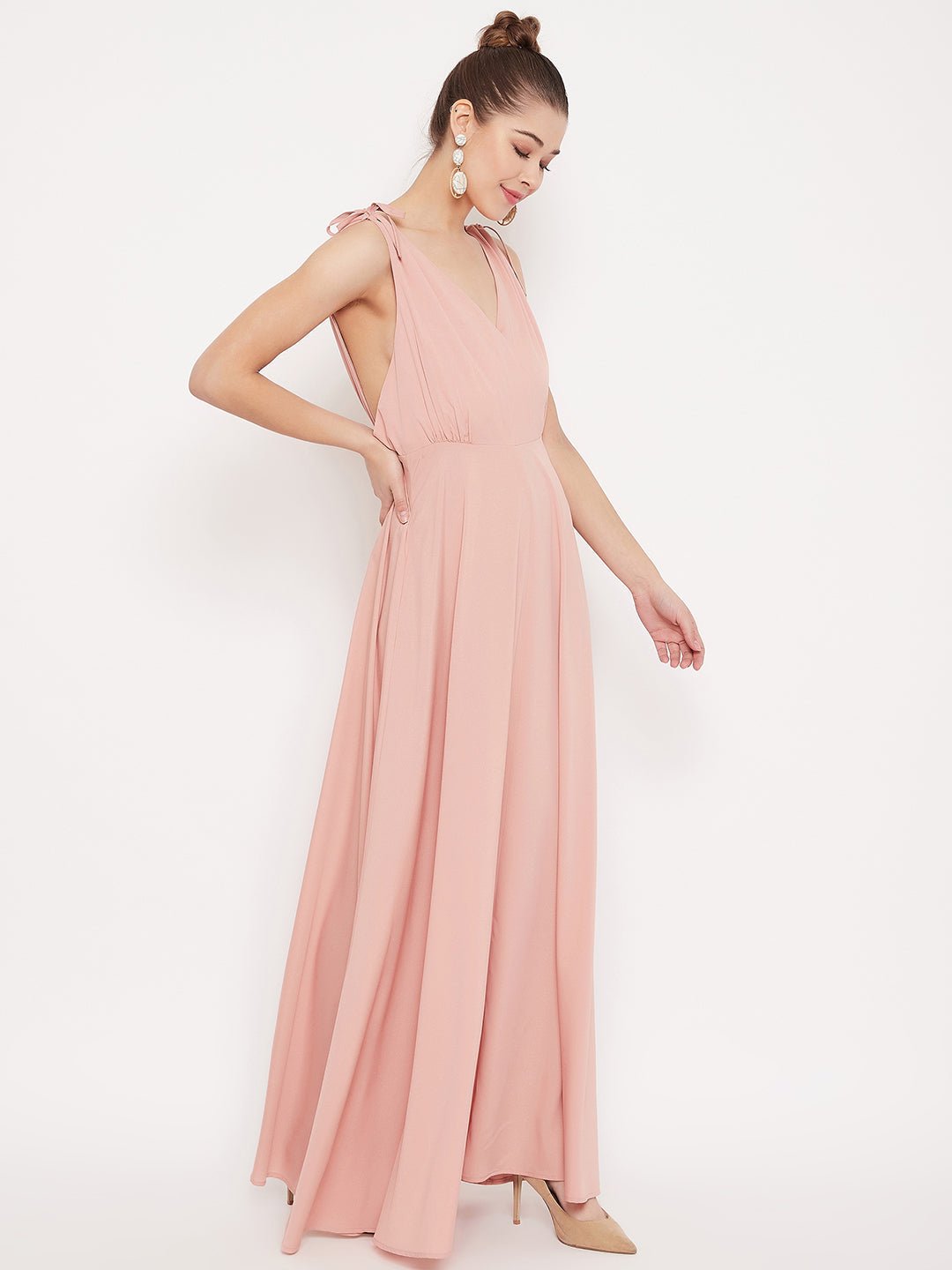 Folk Republic Women Solid Pink V-Neck Tie-Up Strap Low Back Flared Maxi Dress - #folk republic#