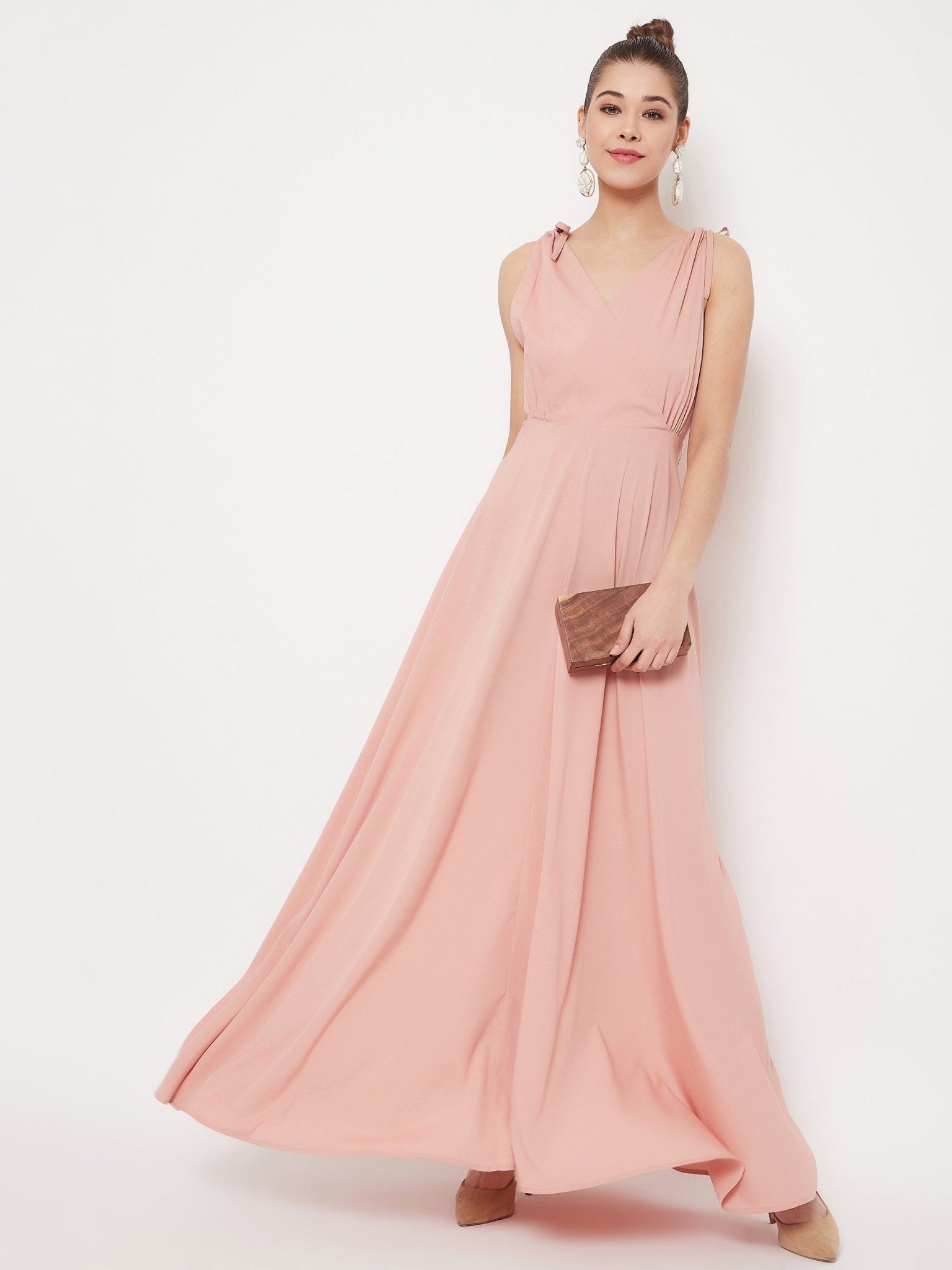 Folk Republic Women Solid Pink V-Neck Tie-Up Strap Low Back Flared Maxi Dress - #folk republic#