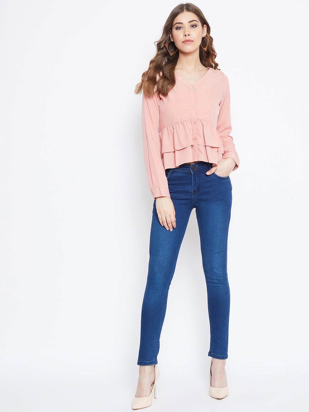 Folk Republic Women Solid Pink V-Neck Tiered Peplum Top - #folk republic#