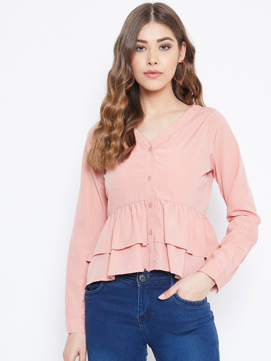 Folk Republic Women Solid Pink V-Neck Tiered Peplum Top - #folk republic#