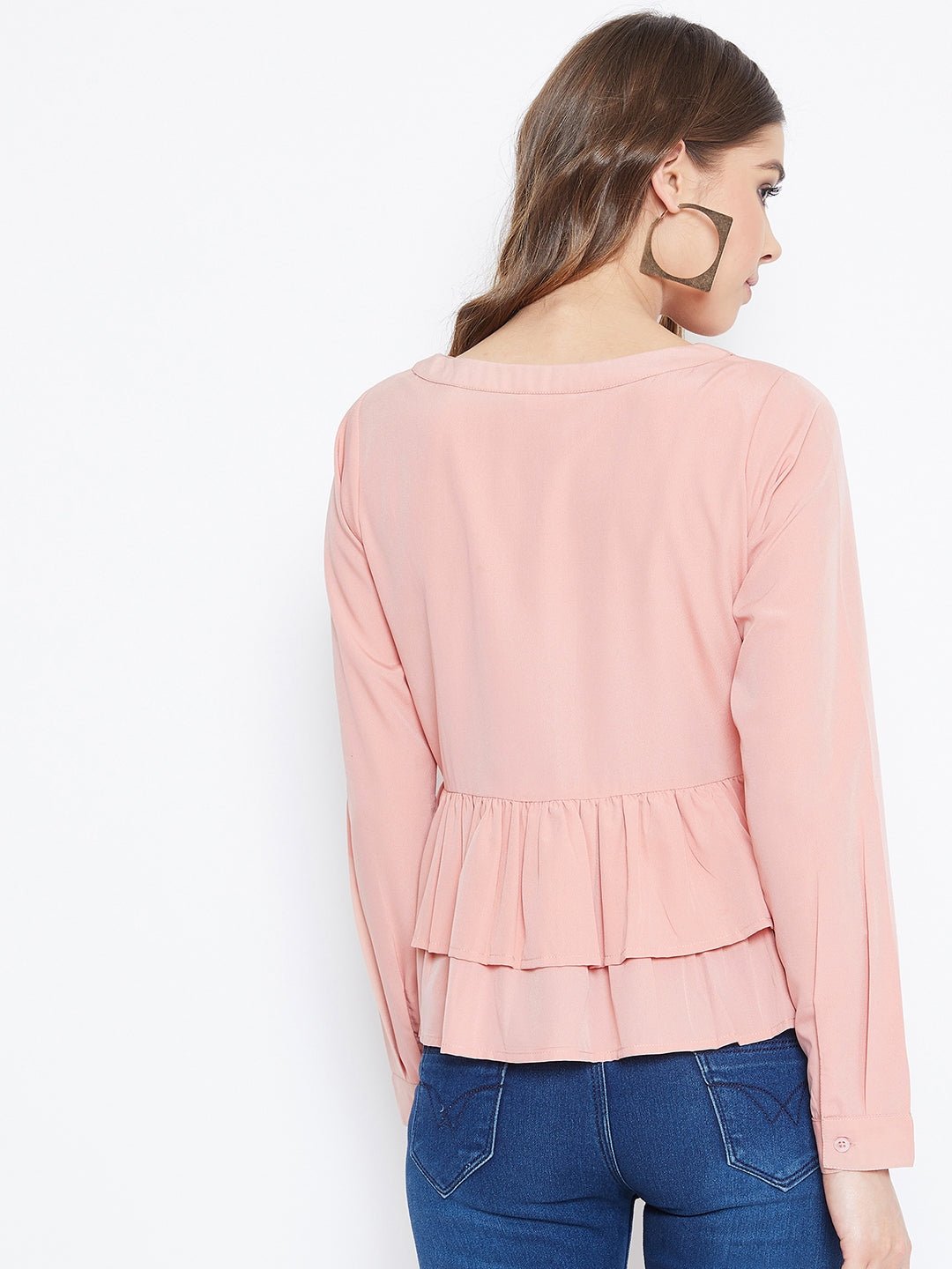 Folk Republic Women Solid Pink V-Neck Tiered Peplum Top - #folk republic#