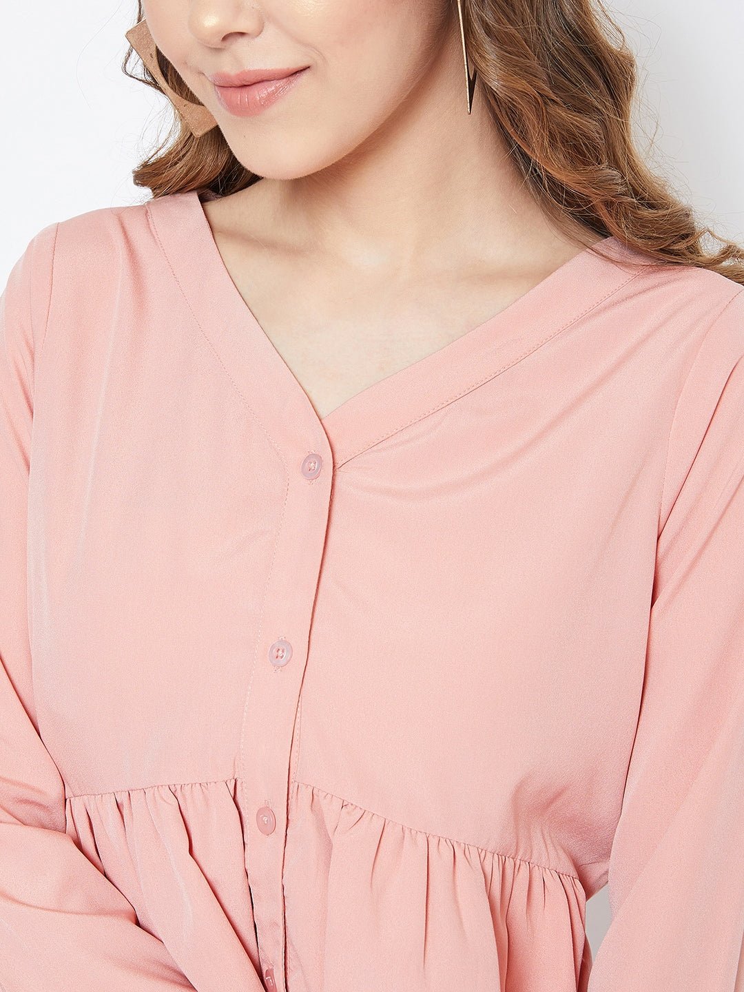 Folk Republic Women Solid Pink V-Neck Tiered Peplum Top - #folk republic#