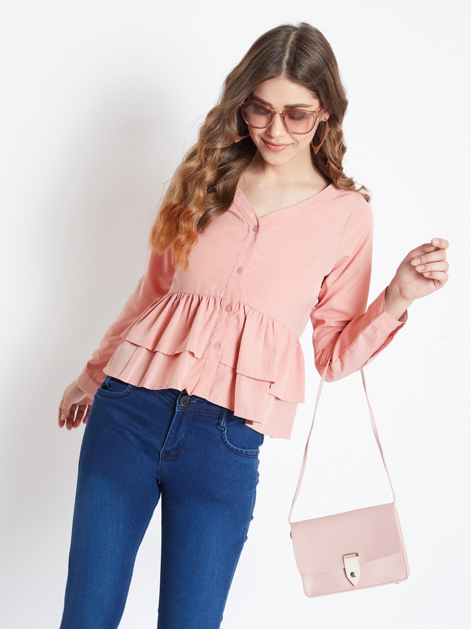 Folk Republic Women Solid Pink V-Neck Tiered Peplum Top - #folk republic#