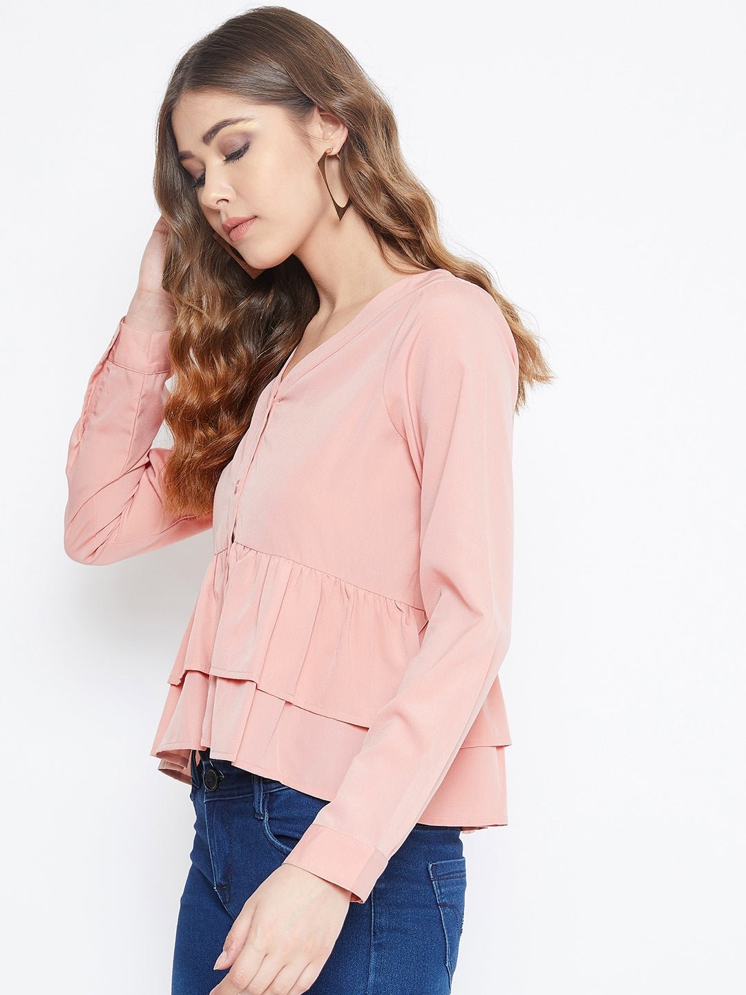 Folk Republic Women Solid Pink V-Neck Tiered Peplum Top - #folk republic#