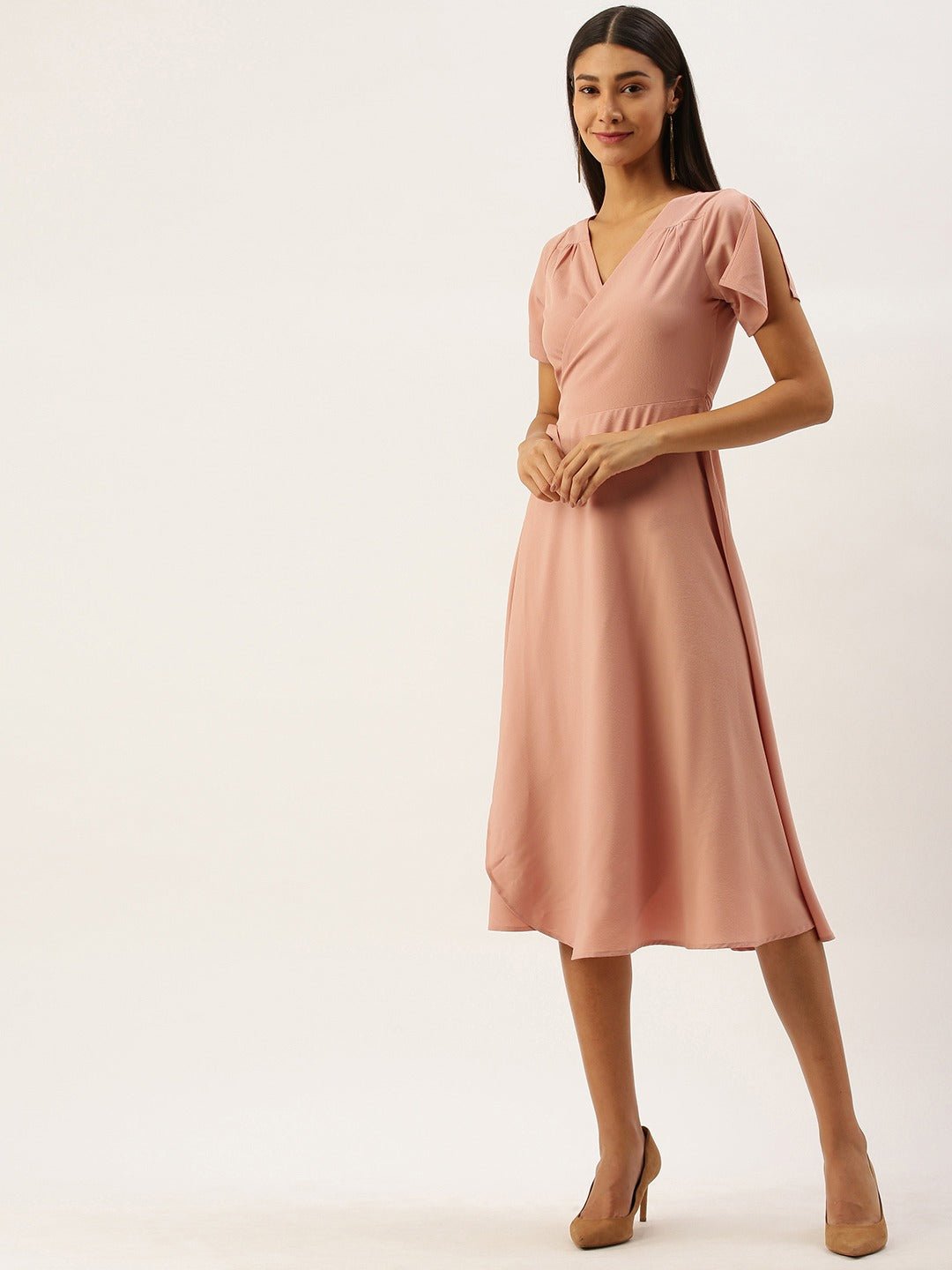 Folk Republic Women Solid Pink V-Neck Wrap Midi Dress - #folk republic#