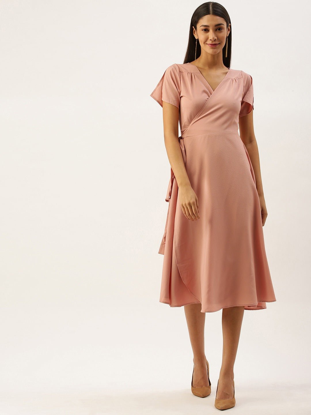 Folk Republic Women Solid Pink V-Neck Wrap Midi Dress - #folk republic#