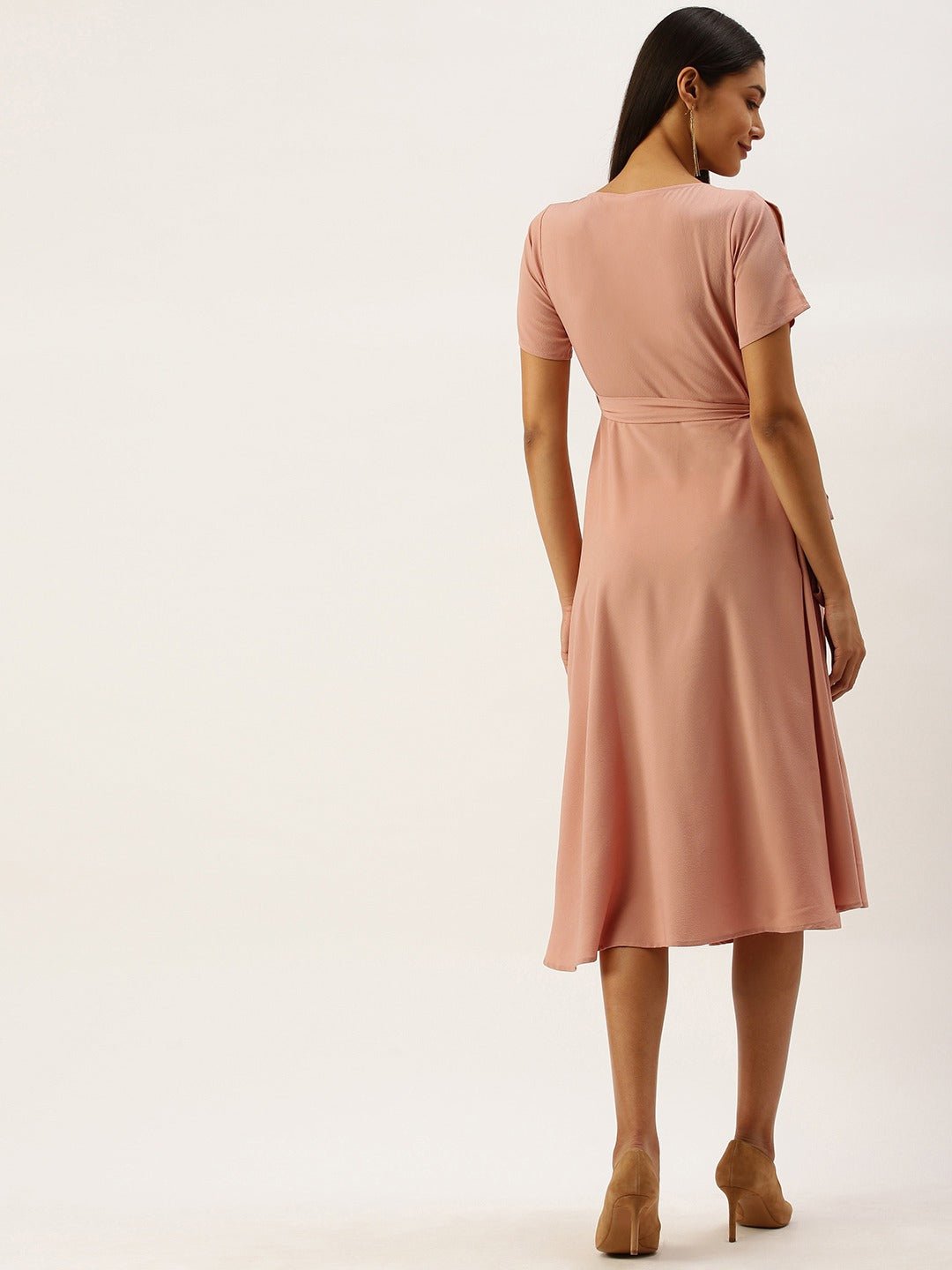 Folk Republic Women Solid Pink V-Neck Wrap Midi Dress - #folk republic#
